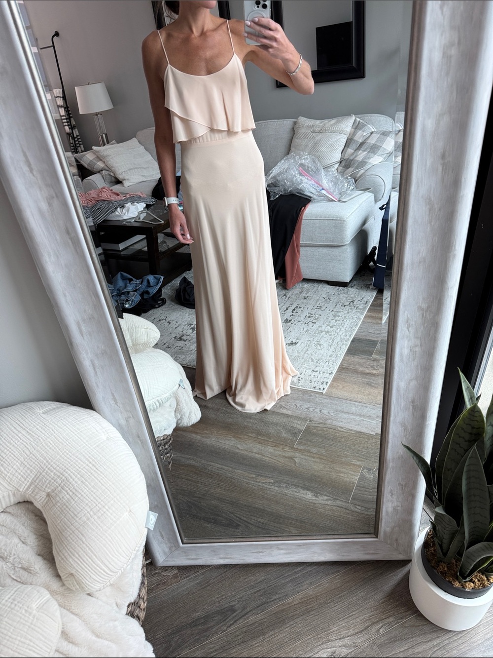 Jenny Yoo Blush Cream Maxi Dress with Spaghetti Straps